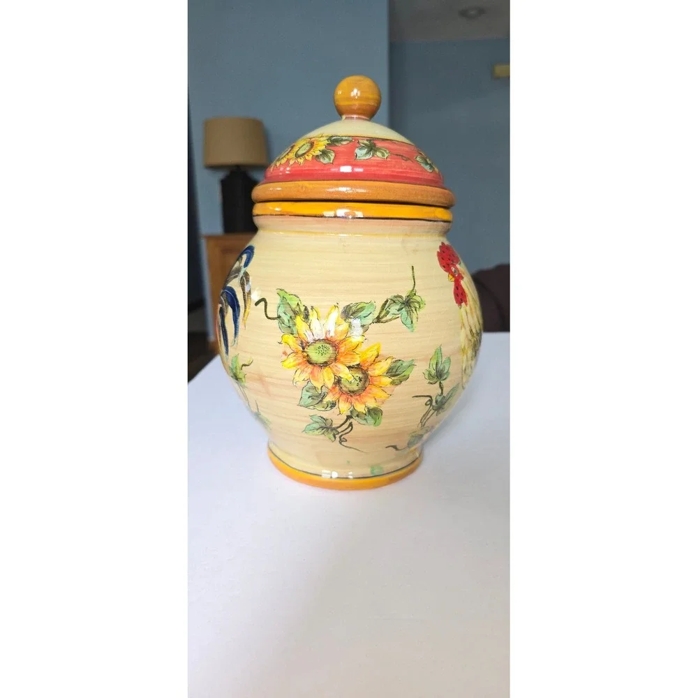 Gallo Ceramic Rooster and Sunflower Canister Jar with Lid Farmhouse Decor
